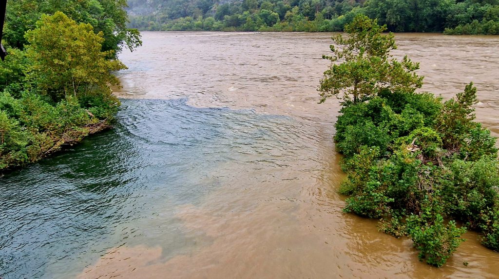 Looking from the Potomac River (clear water) towards the Shenandoah River (dirty water) 