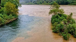 Looking from the Potomac River (clear water) towards the Shenandoah River (dirty water)
